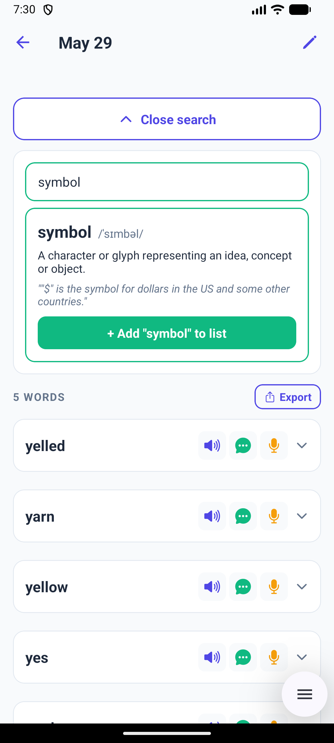 Looking a word up on Android, with its definition and example ready to add to the list