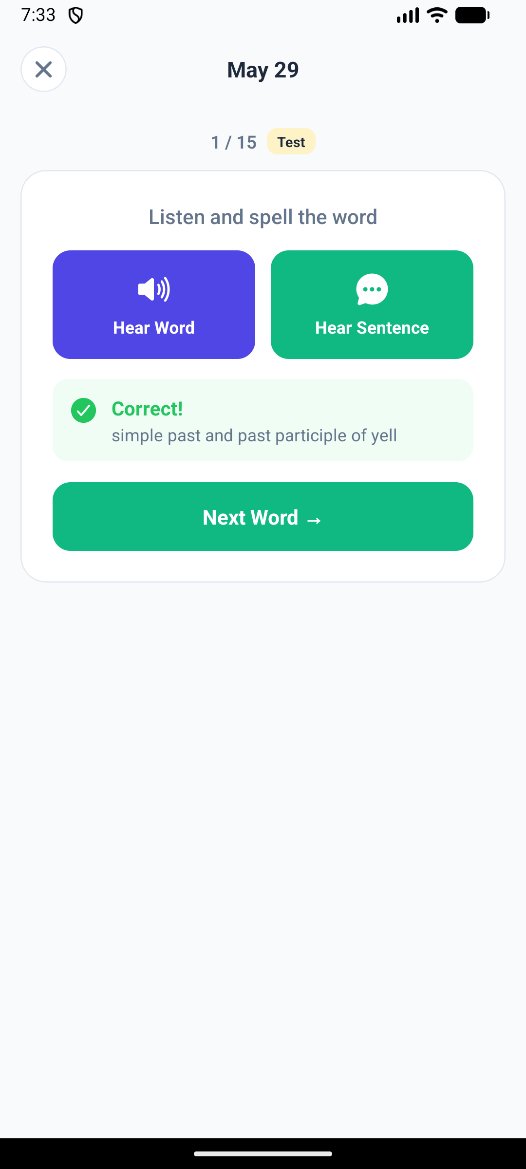 Instant feedback on Android after spelling a word correctly, with the meaning shown