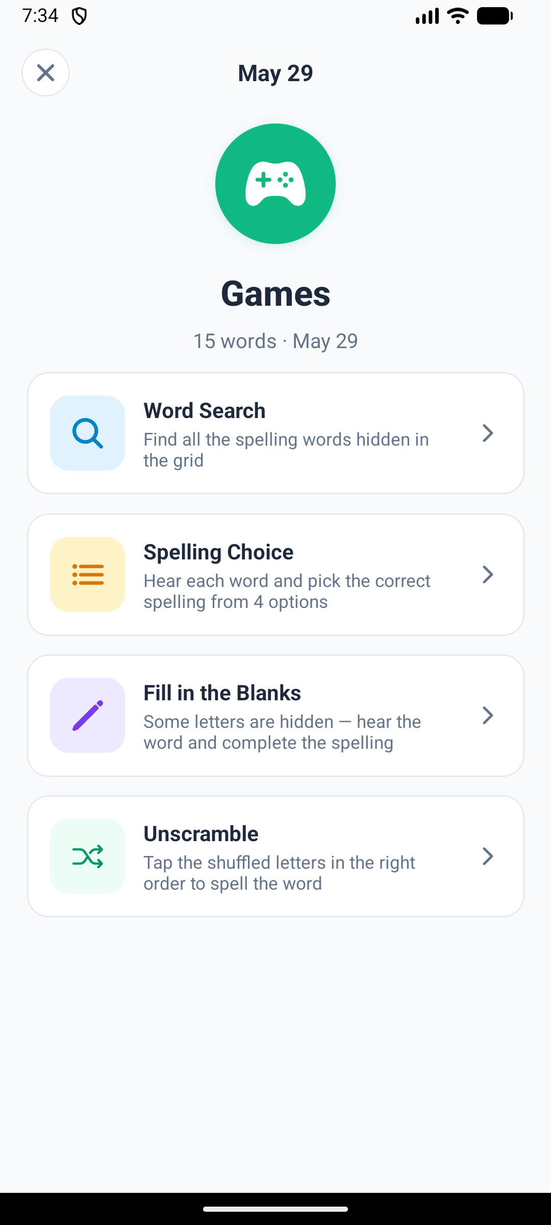 The games menu on Android: Word Search, Spelling Choice, Fill in the Blanks and Unscramble