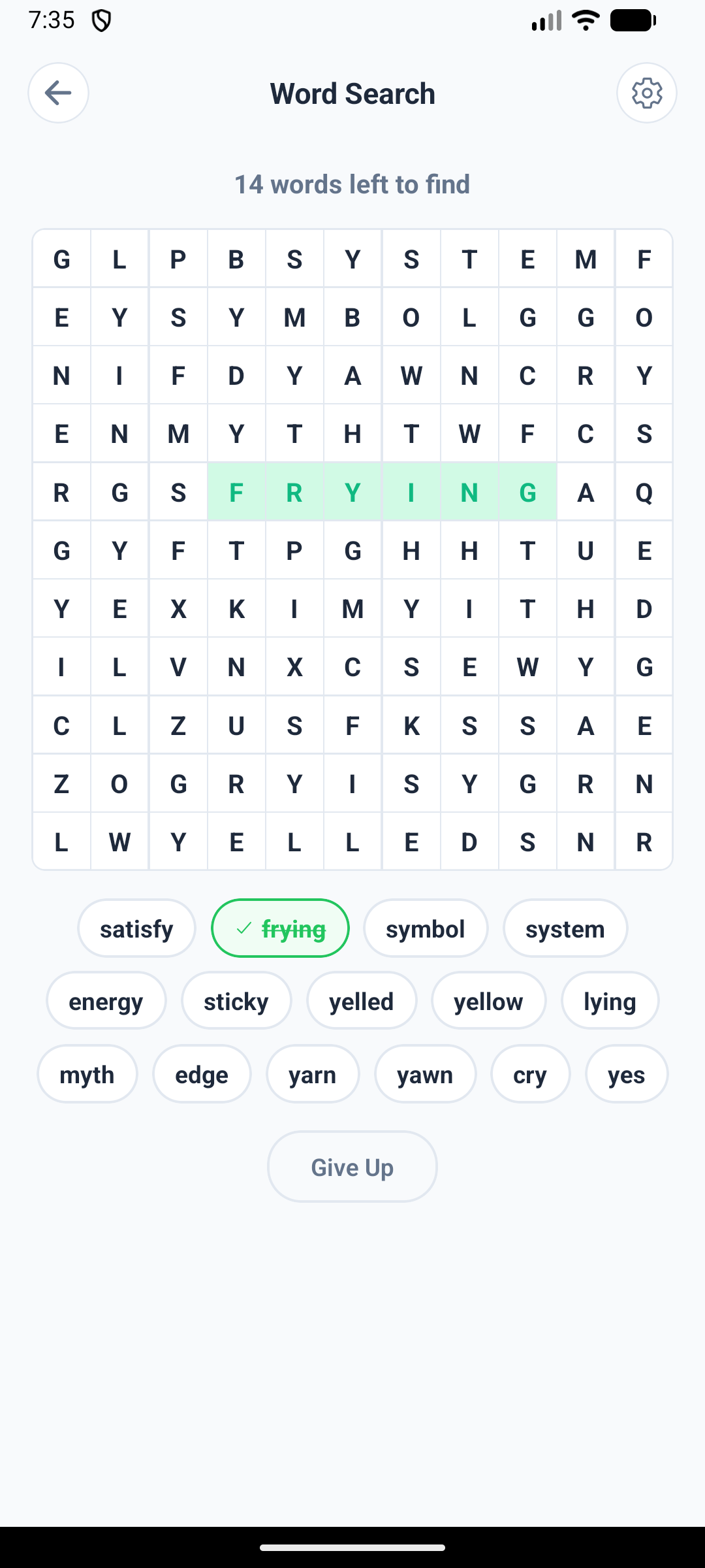 A word search puzzle on Android with one word found and struck through