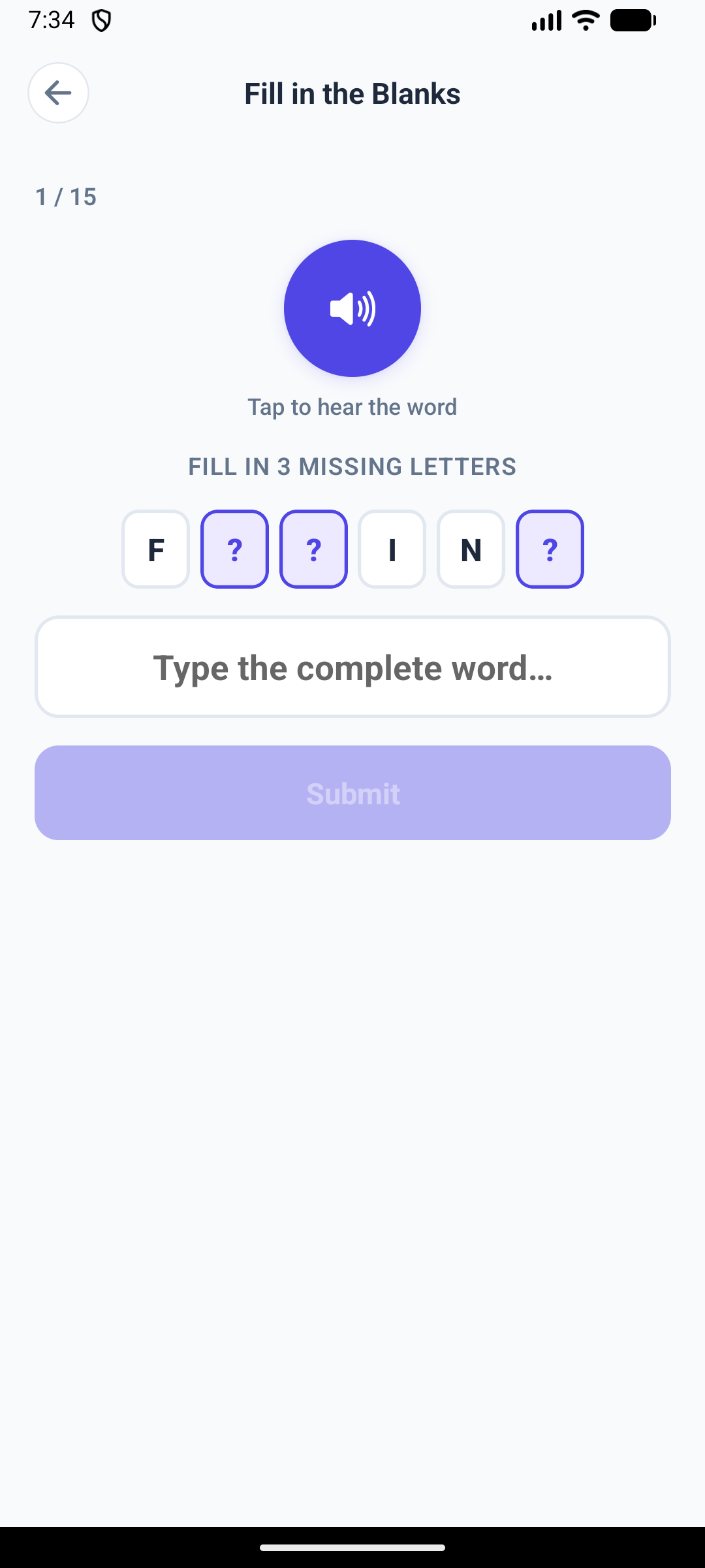 Fill in the Blanks on Android, with missing letters to complete