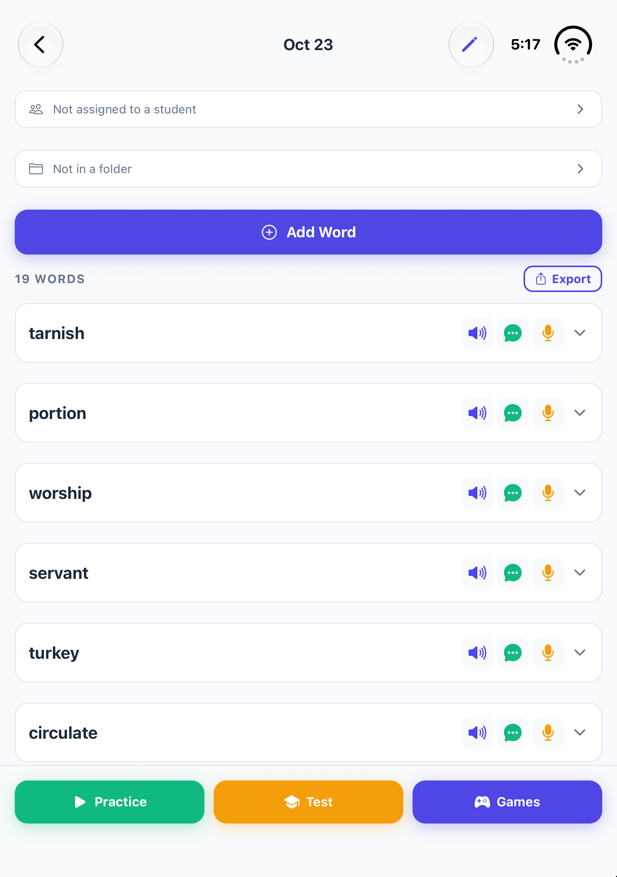 A word list on iPhone Duo's inner display, with an Add Word button and Practice, Test and Games buttons