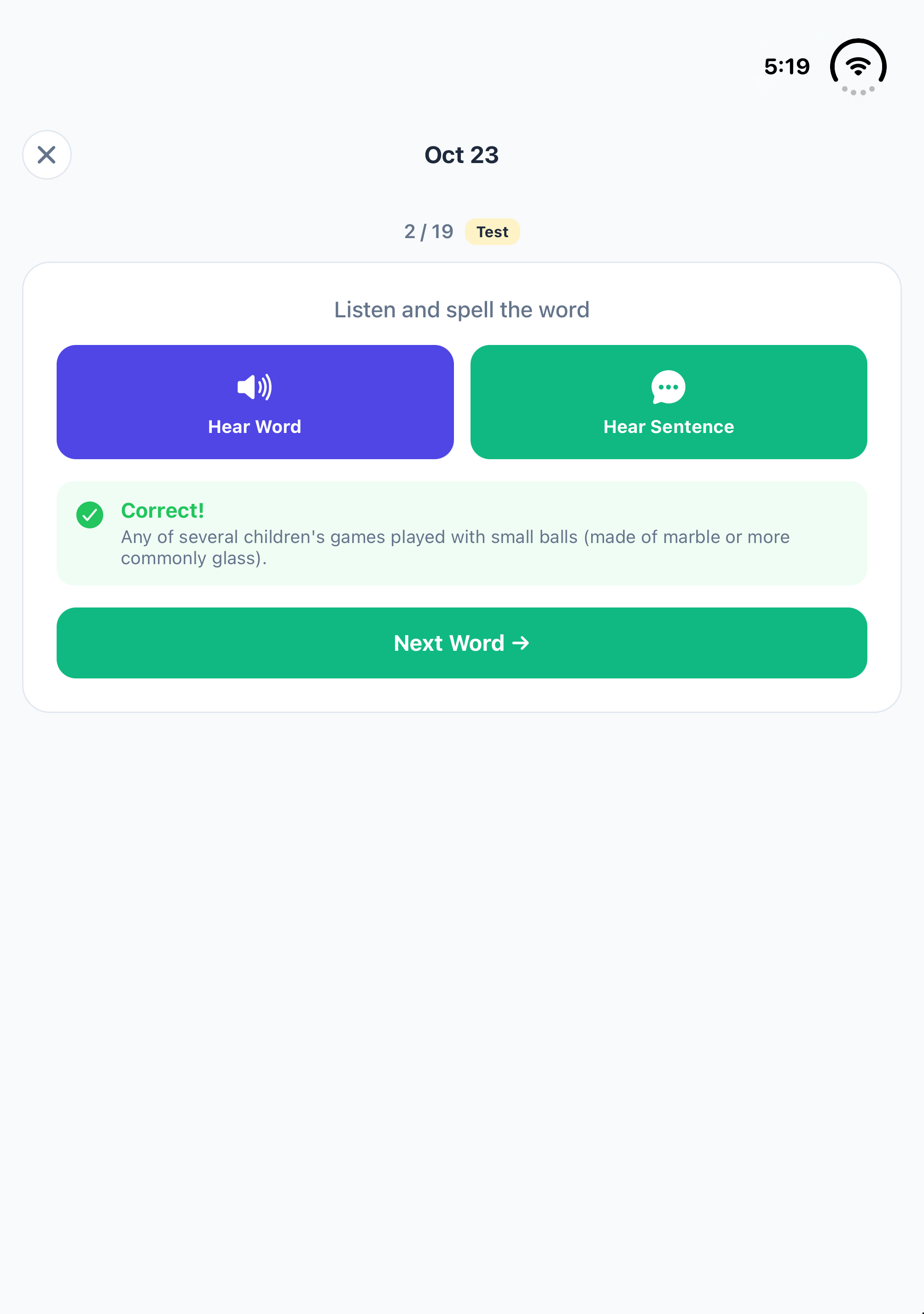 Instant feedback on iPhone Duo after spelling a word correctly, with the meaning shown