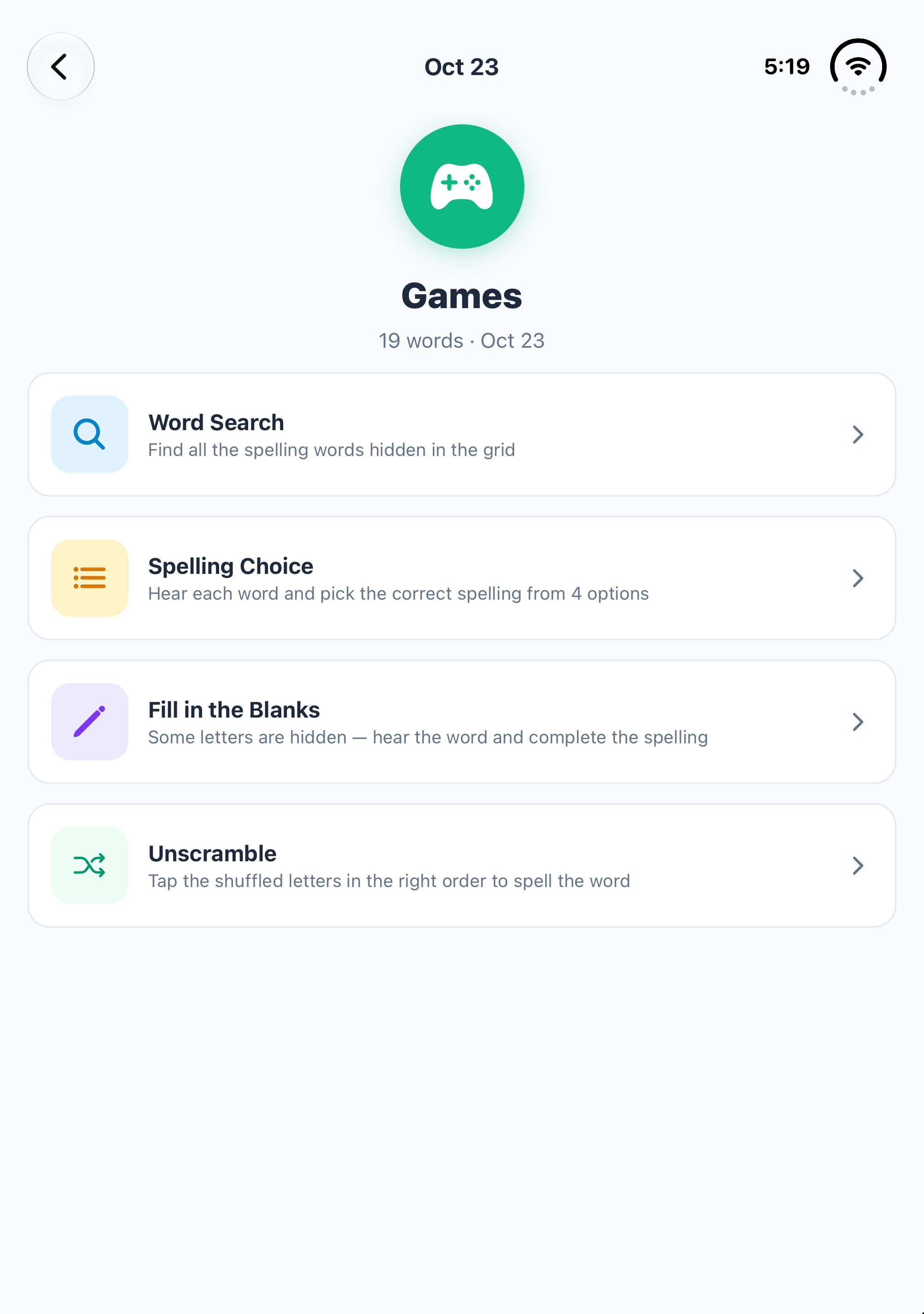 The games menu on iPhone Duo: Word Search, Spelling Choice, Fill in the Blanks and Unscramble
