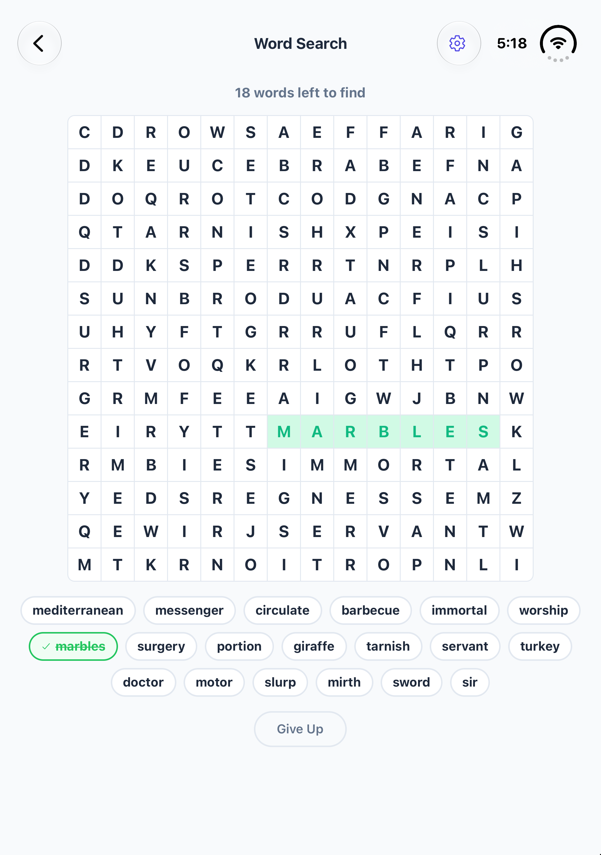 A word search puzzle on iPhone Duo, built from the words on the list, with one word found