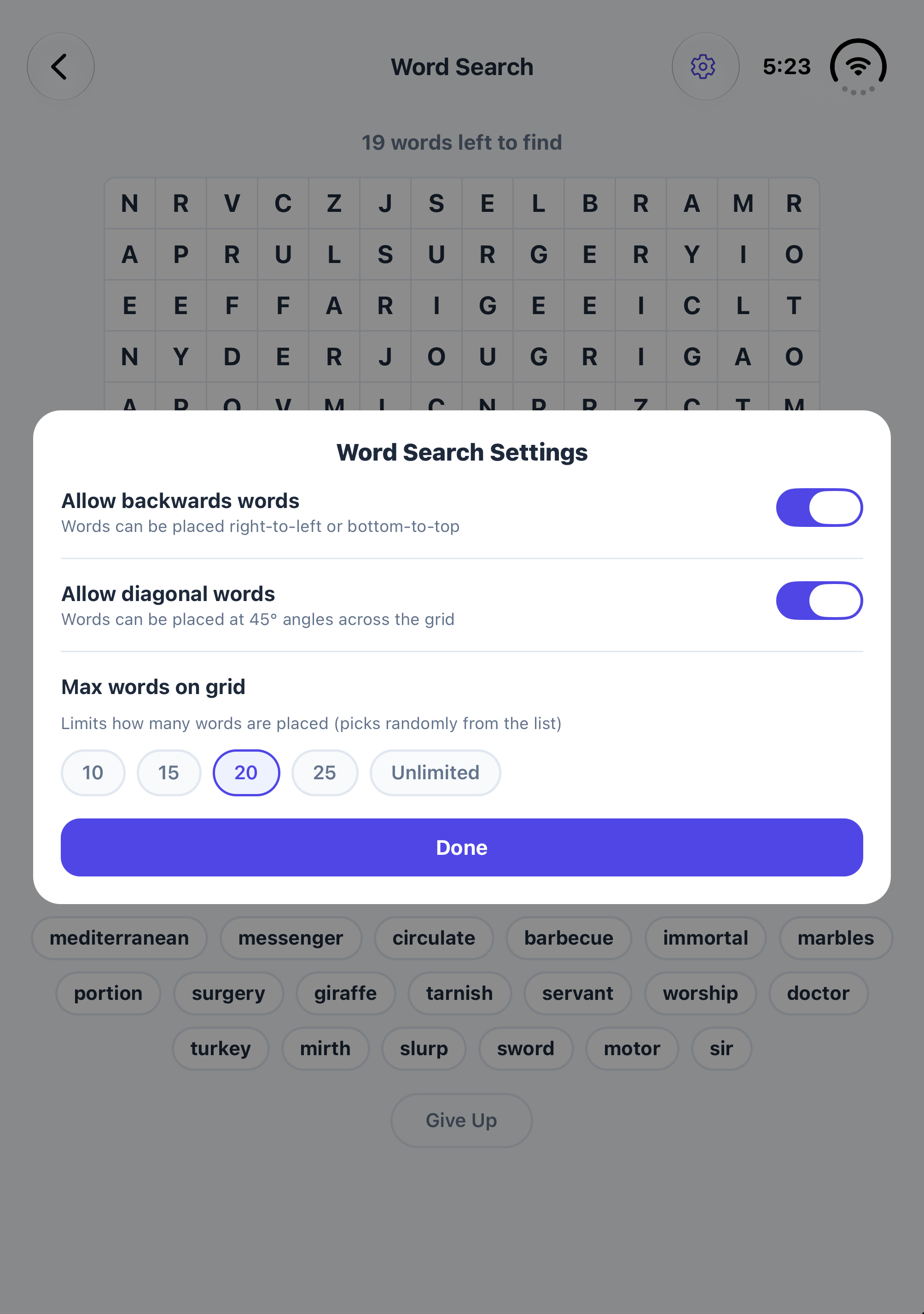 Word Search settings on iPhone Duo: backwards words, diagonal words and how many words go on the grid