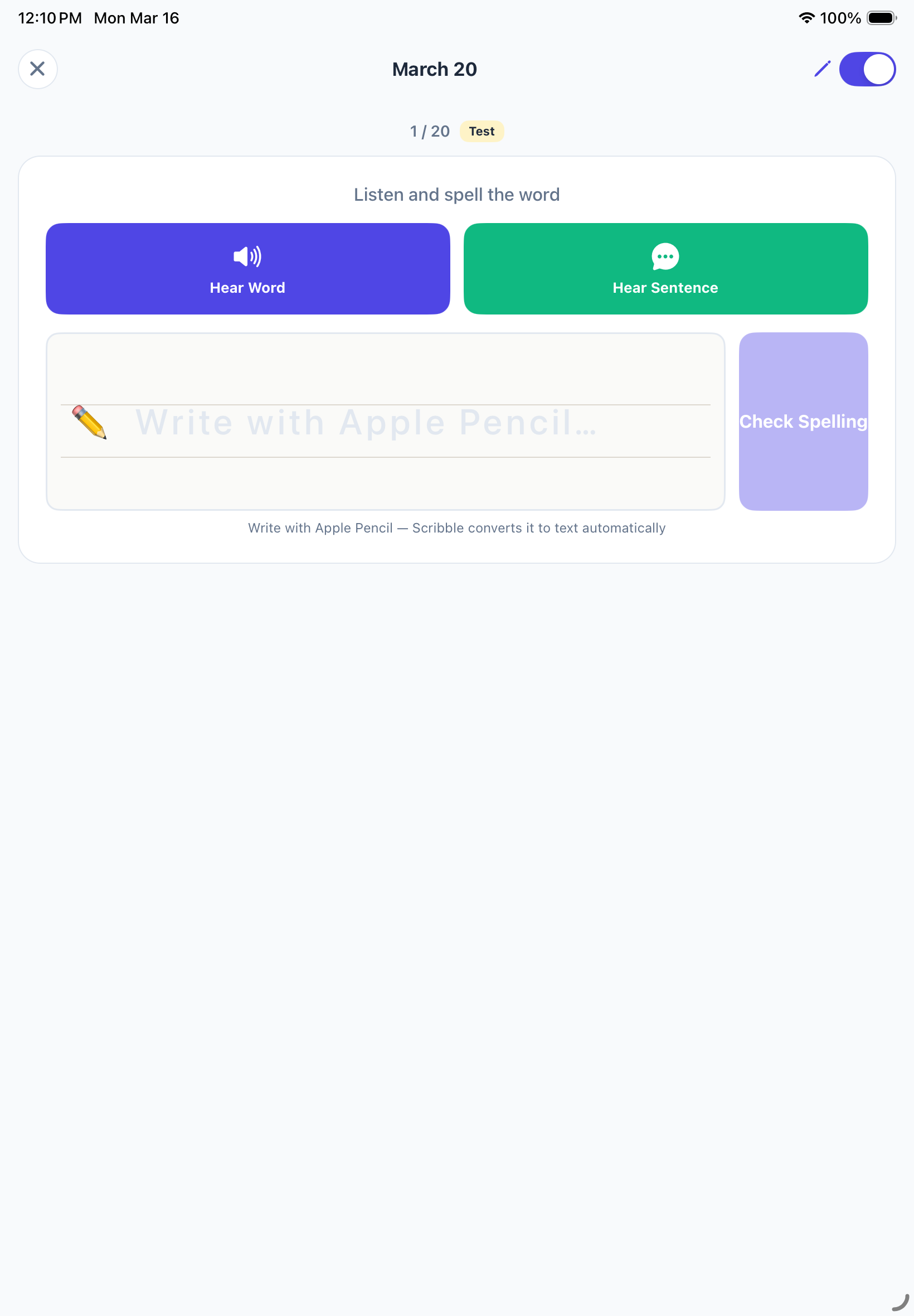 Writing an answer with Apple Pencil, which Scribble converts to text automatically