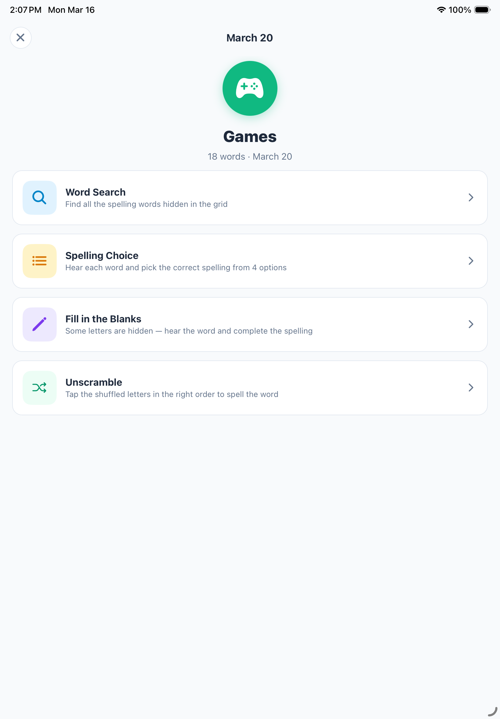 The games menu on iPad