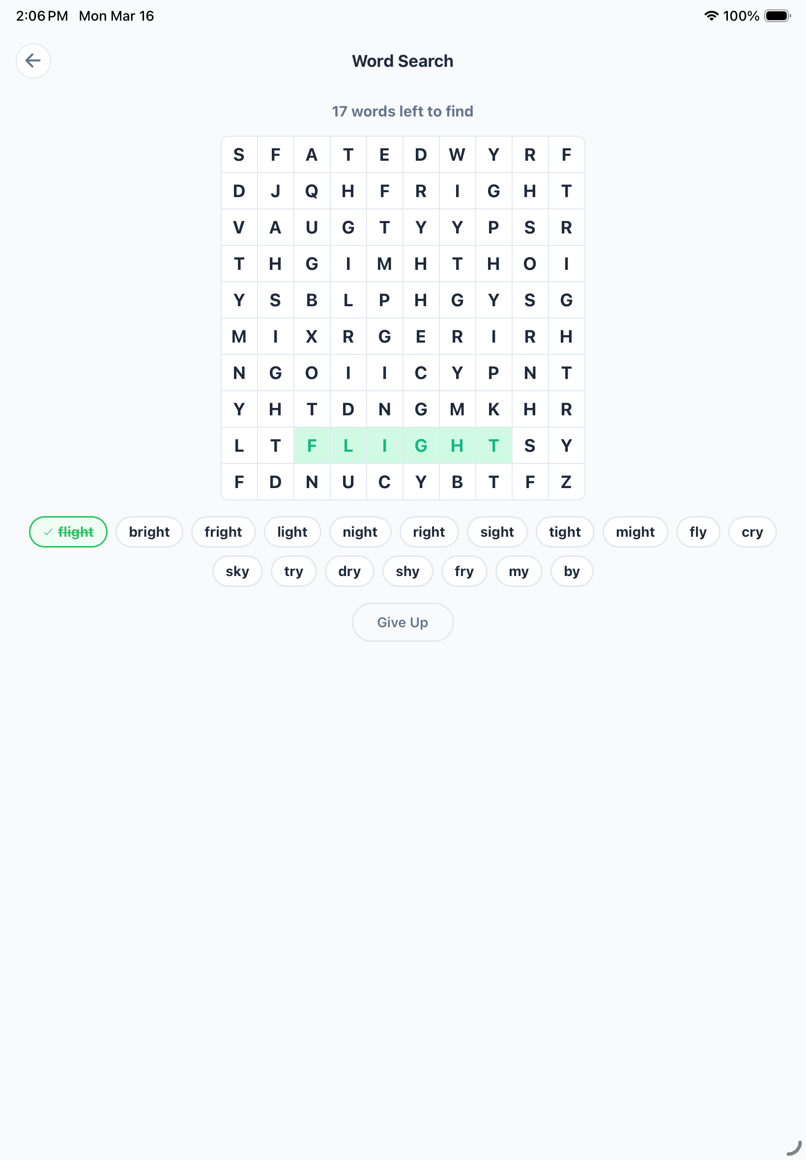 A word search puzzle on iPad, built from the words on the list