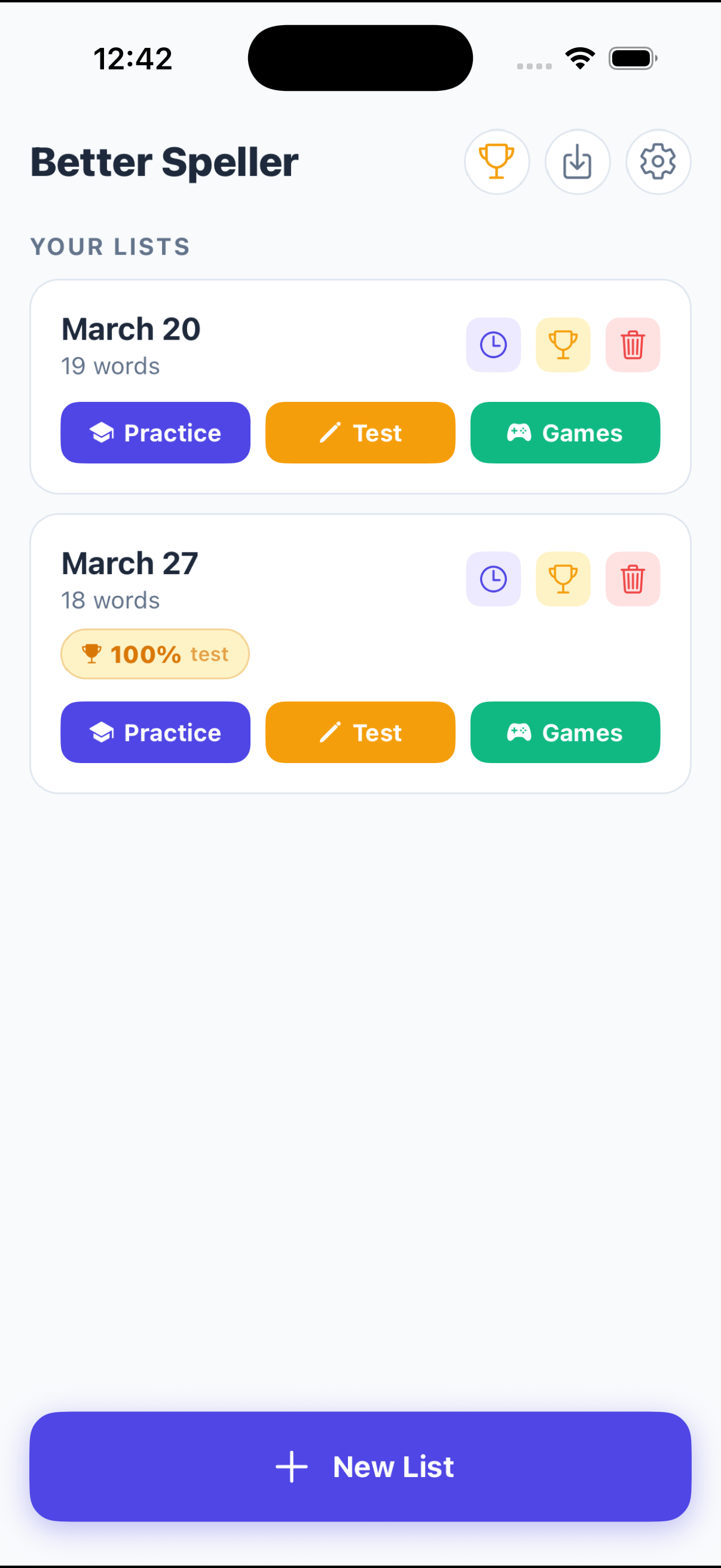 Your word lists, each with practice, test and games buttons