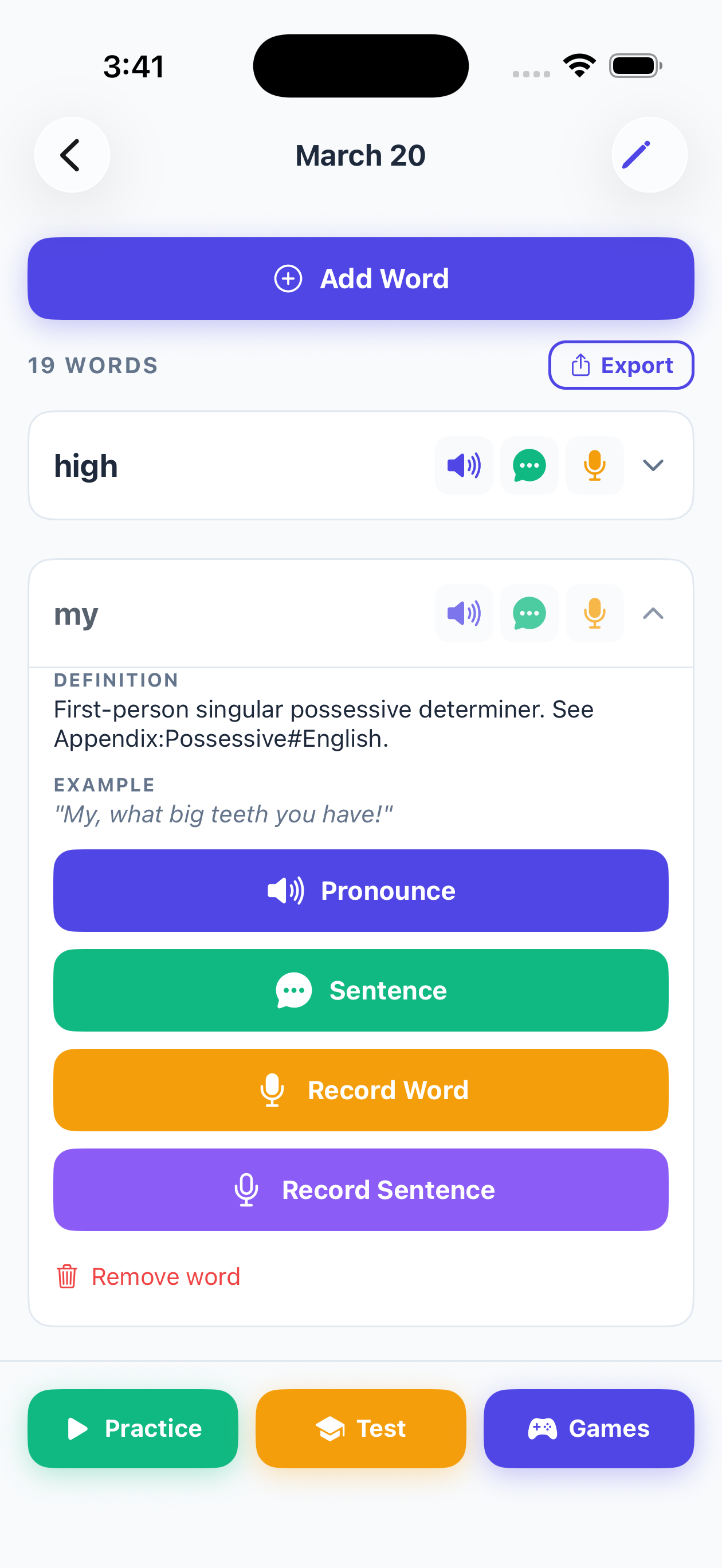 A word expanded to show its definition, example sentence, and buttons to record it in your own voice