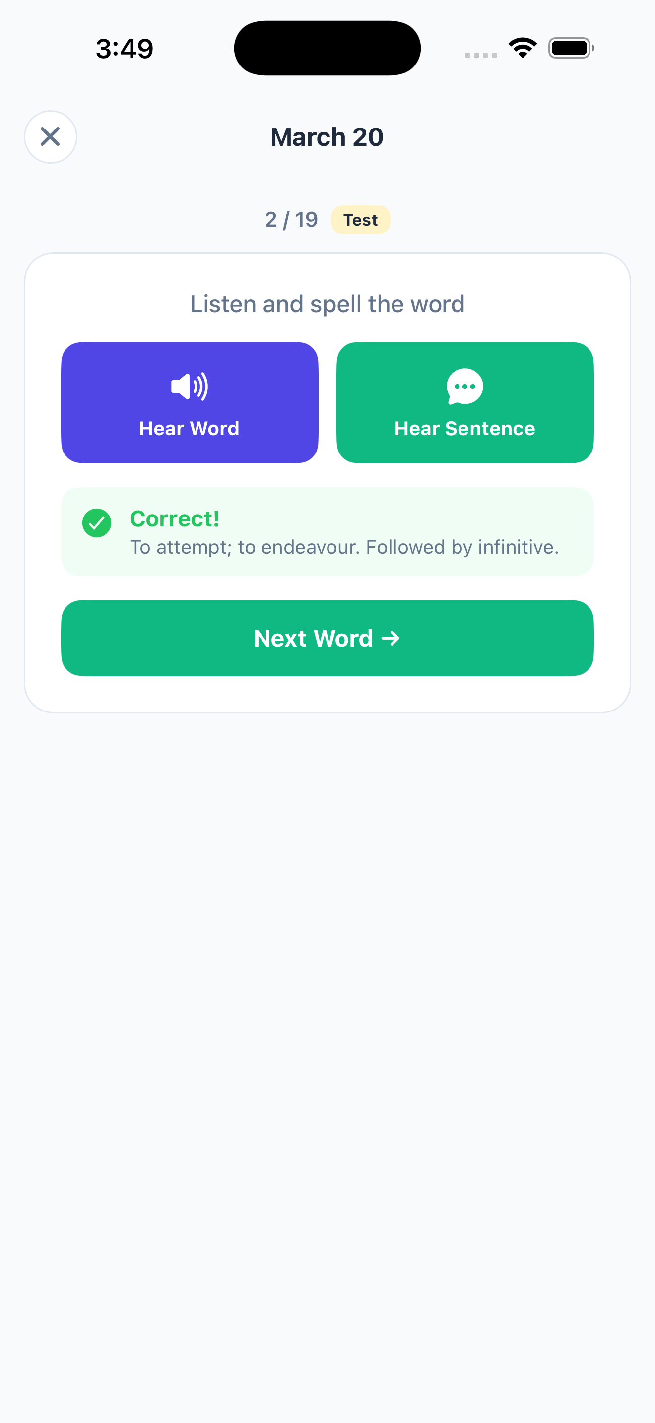 Instant feedback after spelling a word correctly, with the meaning shown