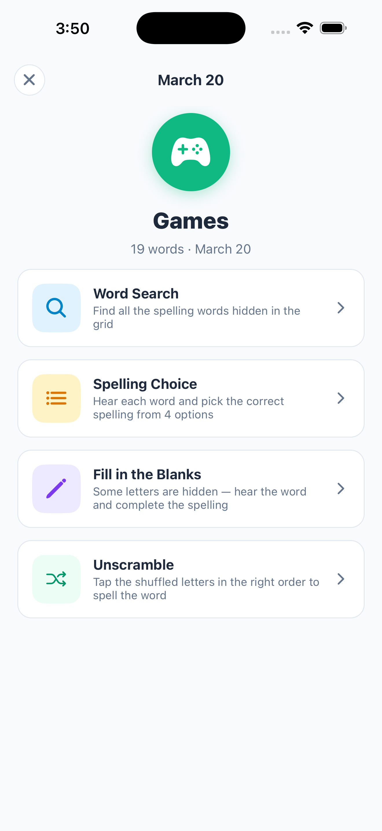 The games menu: Word Search, Spelling Choice, Fill in the Blanks and Unscramble