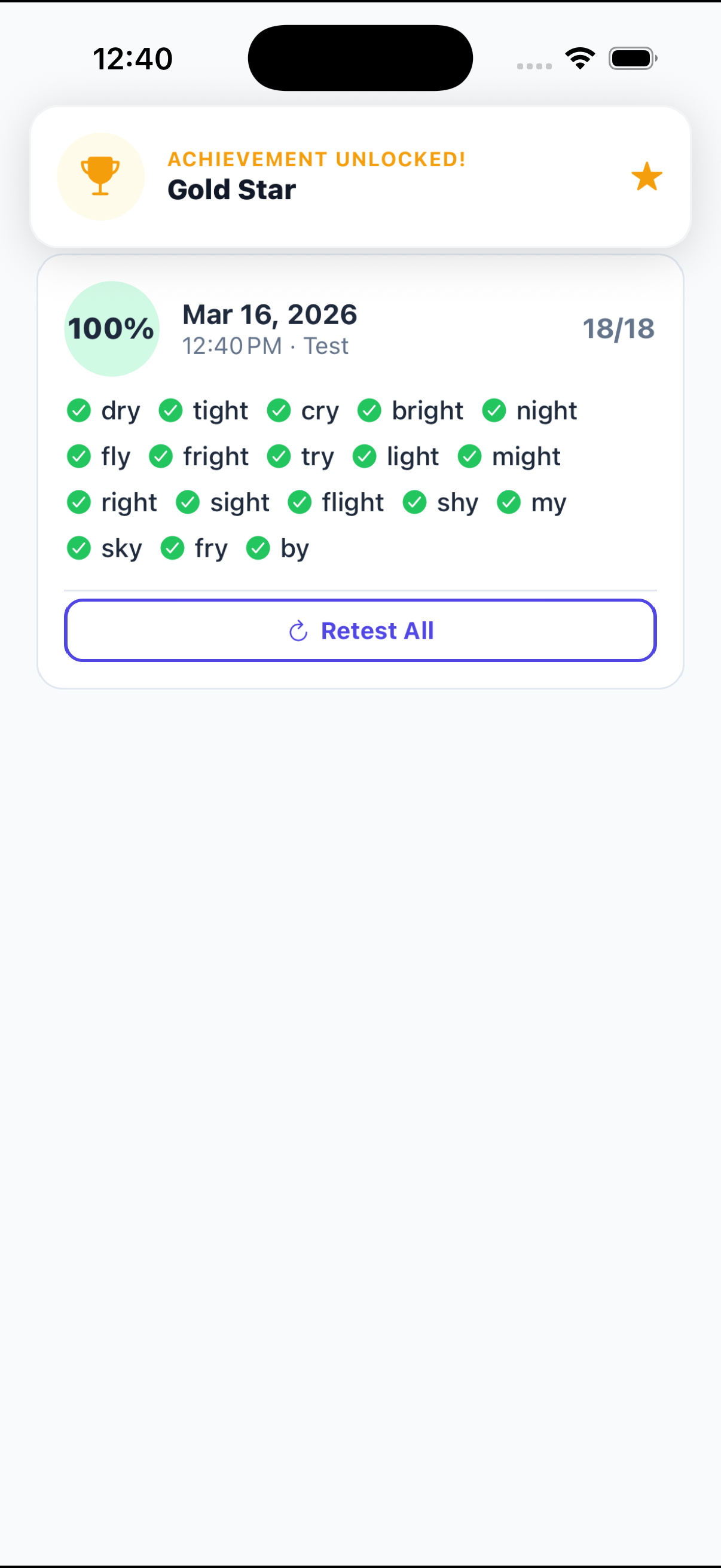 A finished test scoring 100%, with every word marked correct