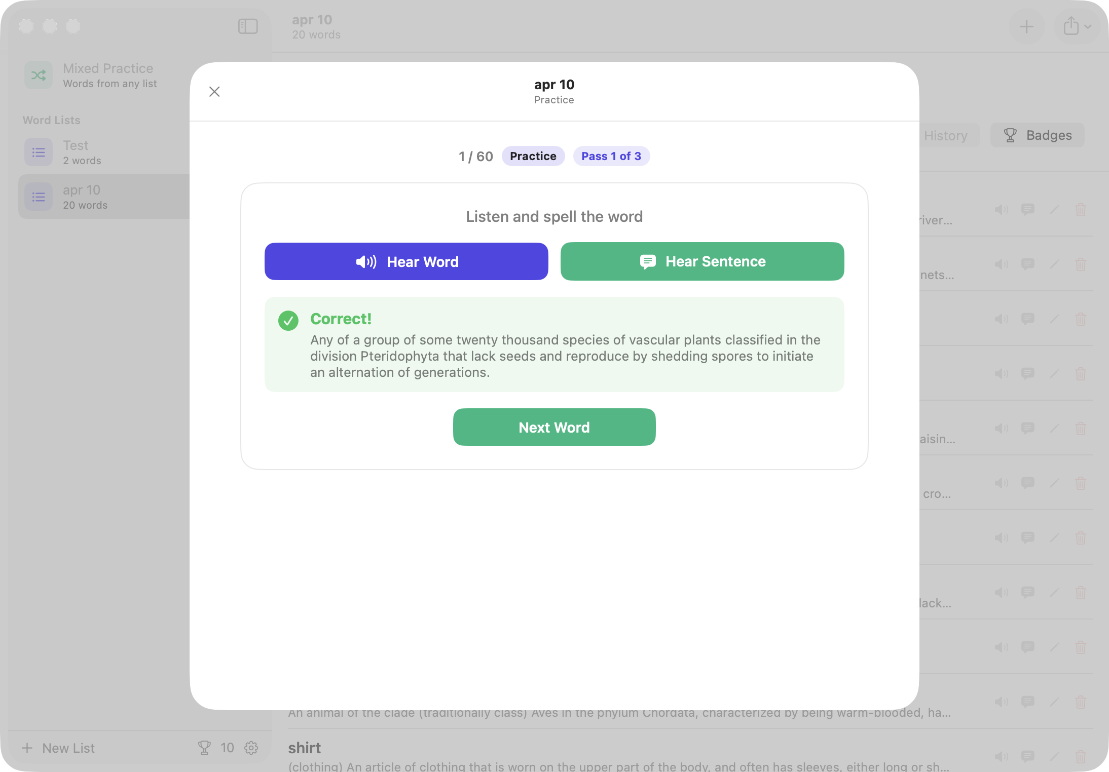 Instant feedback on Mac after spelling a word correctly, with the meaning shown