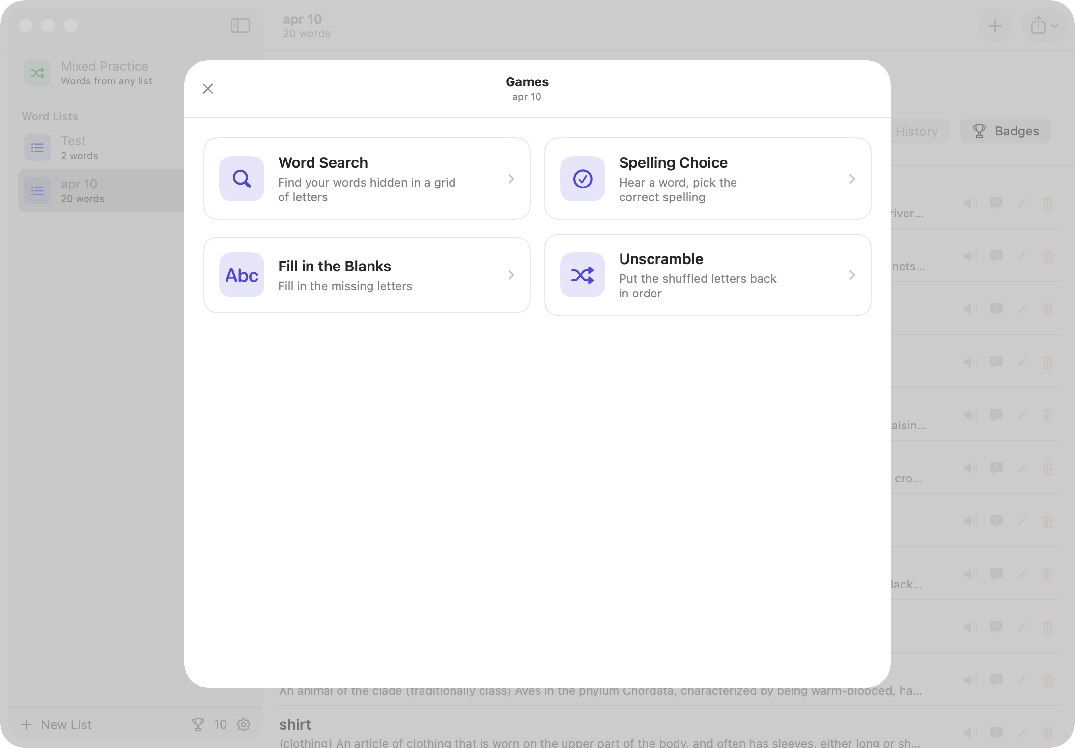 The games menu on Mac: Word Search, Spelling Choice, Fill in the Blanks and Unscramble