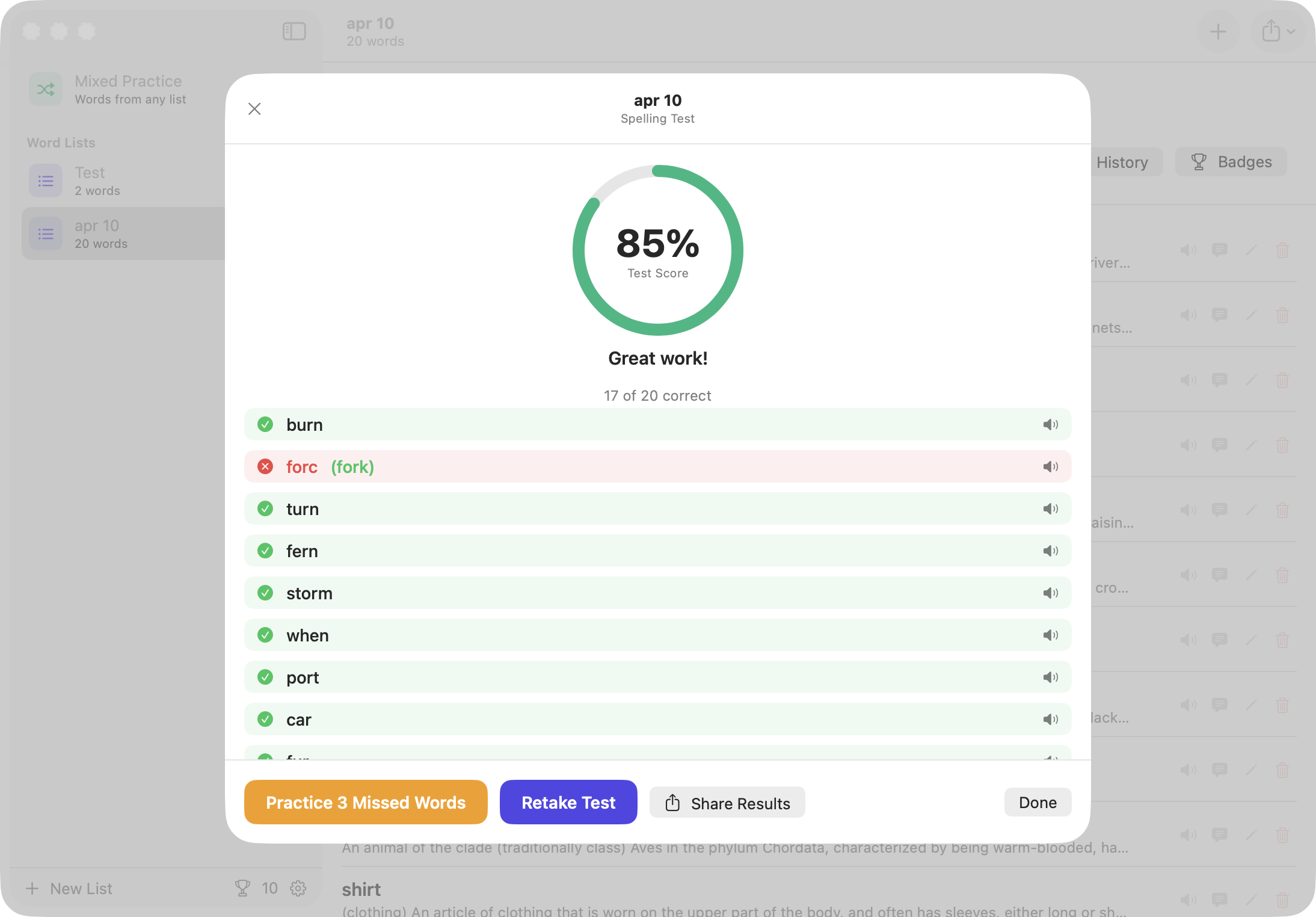 A finished test on Mac showing the score and every word marked right or wrong