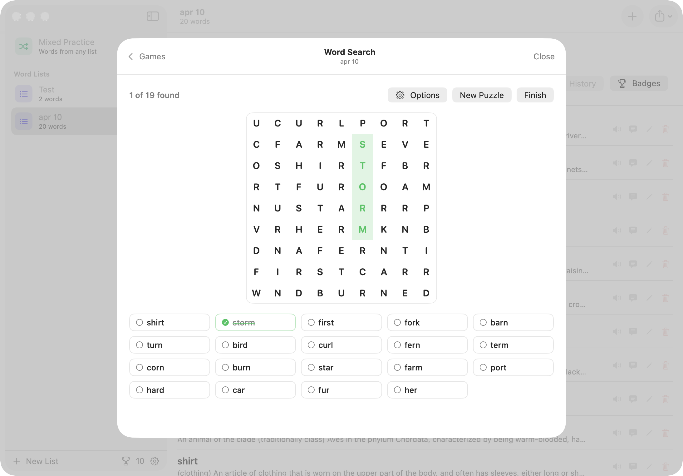 A word search puzzle on Mac, built from the words on the list